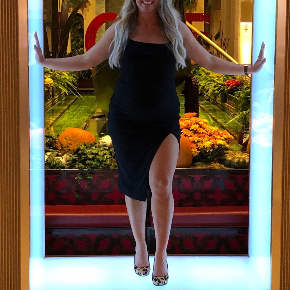 Superdown black midi dress with slit from Revolve